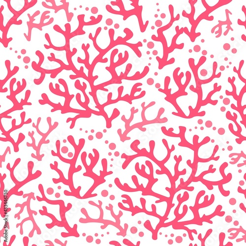 Coral seamless pattern. Sea reef seaweeds texture, abstract ocean floral underwater graphics, vector fashion wallpaper and fabric decoration. Pink plants with bright bubbles design