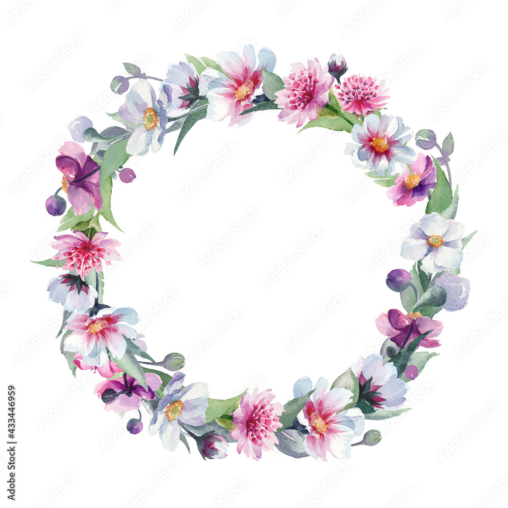 Watercolor hand drawn wreath on white background isolated. Many spring flowers: cosmos, purple anemones, anemones sylvestris, astrantia major.  Nice frame for your rustic boho wedding design.