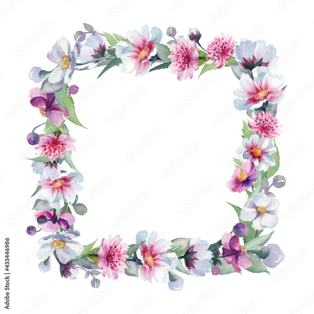 Watercolor hand drawn square frame on white background isolated. Nice frame for your rustic, boho, wedding design. Many spring flowers: cosmos, purple anemones, anemones sylvestris, astrantia major.