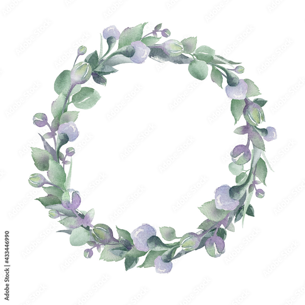 Fototapeta premium Hand drawn watercolor round frame on white background isolated. Delicate spring wreath. Buds, petals, sprouts, leaves. Nice round frame for your rustic, boho, wedding design.