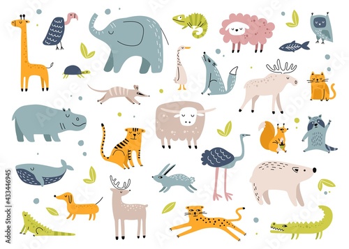 Scandinavian animals. Cute rabbit, elephant, turtle, tiger, owl, crocodile. Childish hand drawn animal doodle for kindergarten, nursery vector set. Funny characters from forest or jungles