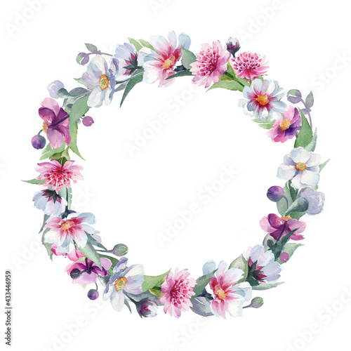 Watercolor hand drawn wreath on white background isolated. Many spring flowers: cosmos, purple anemones, anemones sylvestris, astrantia major.  Nice frame for your rustic boho wedding design.