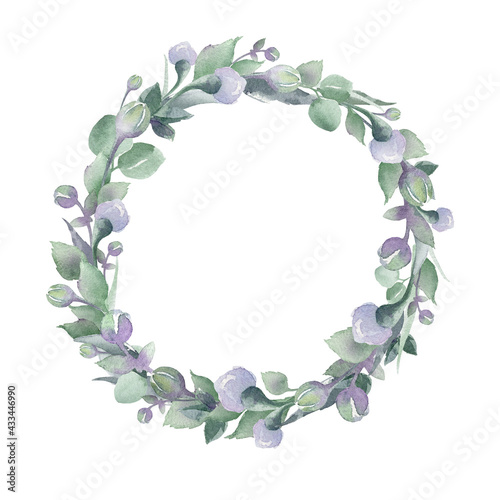 Hand drawn watercolor round frame on white background isolated. Delicate spring wreath. Buds, petals, sprouts, leaves. Nice round frame for your rustic, boho, wedding design.