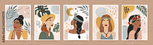 Abstract female poster. Contemporary woman silhouette portrait with leaves, flowers, geometric organic shapes. Modern minimal print vector set. International beautiful girls with accessories