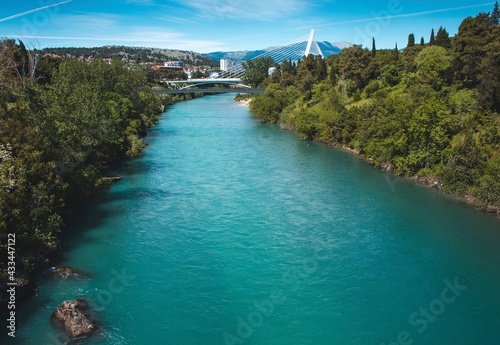 View of Podgorica city with the Moraca river in Montenegro
