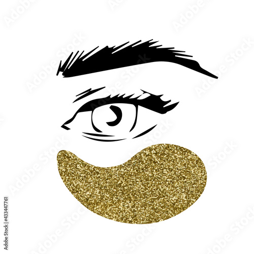 Illustration of a woman eye in black color with gold eye patch isolated on white