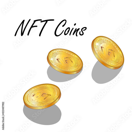 Set of detailed isometric golden coins NFT non fungible tokens isolated on white. Pay for unique collectibles in games or art. Vector illustration.