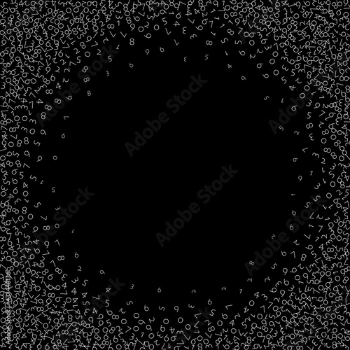 Falling numbers, big data concept. Binary white disorderly flying digits. Captivating futuristic banner on black background. Digital vector illustration with falling numbers.