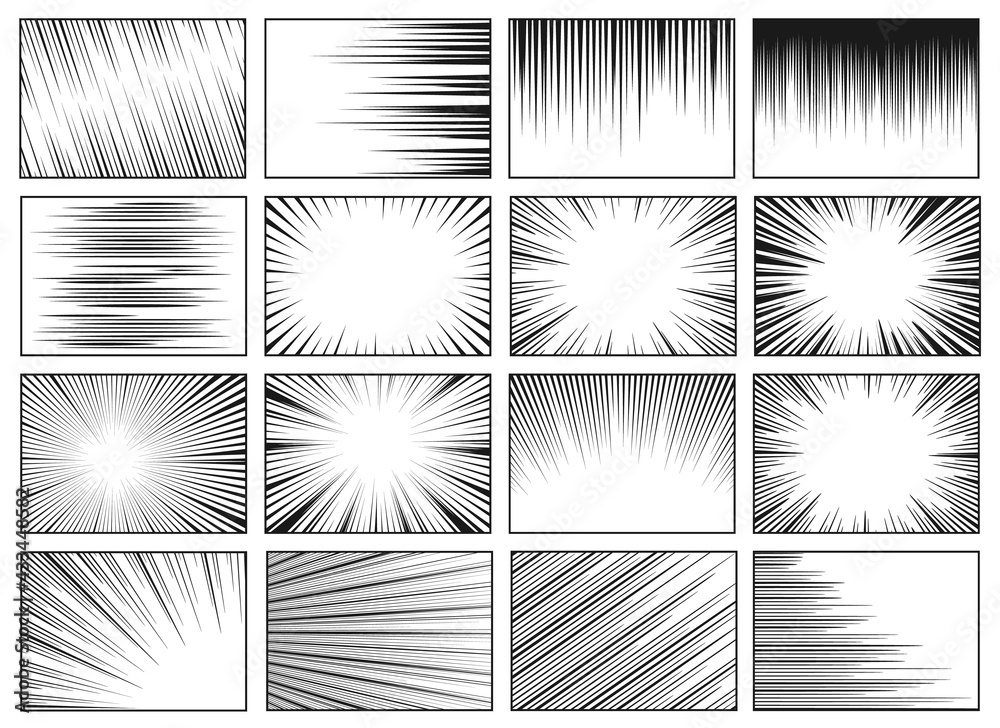 Speed lines backgrounds. Fast speed motion horizontal line manga effect, retro radial sun rays background. Comic magazine vector layouts. Dynamic movement for superhero fight, burst - obrazy, fototapety, plakaty 