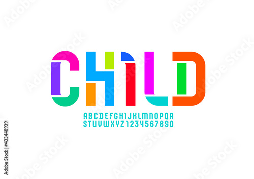 Stencil colored font, condensed bold bright alphabet, modern geometric modular letters and numbers, vector illustration 10EPS