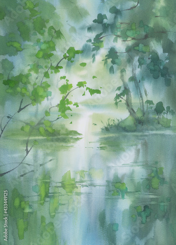 A stream in the forest in spring watercolor background