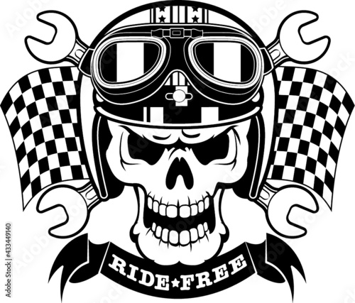 skull wearing race helmet, goggles and checked flag with crossed wrenches