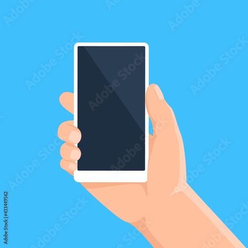 Hand with phone. Man holding smartphone with blank screen. Cell phone mockup for application presentation, social media vector template. Character with modern electronic device or gadget