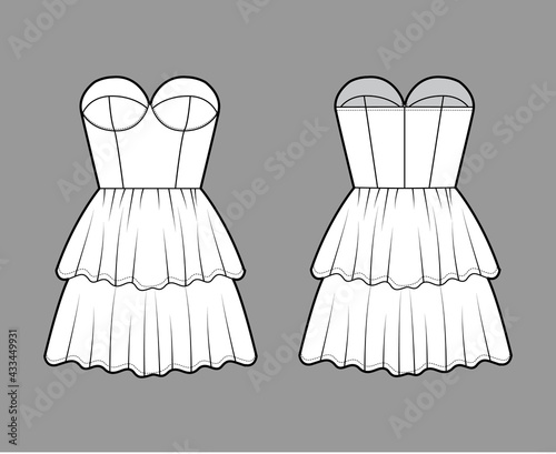 Strapless dress bustier technical fashion illustration with sleeveless, fitted body, 2 row mini length ruffle tiered skirt. Flat apparel front, back, white color style. Women, men unisex CAD mockup