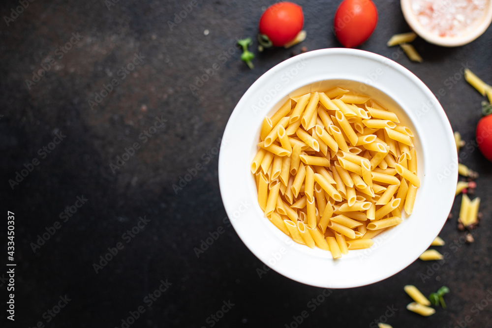 penne pasta semolina durum wheat italian cuisine meal snack copy space food background rustic top view