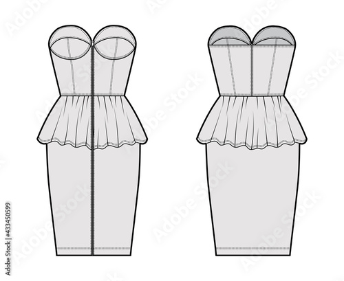 Zip-up peplum bustier dress technical fashion illustration with strapless, cups, fitted body, knee length skirt. Flat apparel front, back, grey color style. Women, men unisex CAD mockup