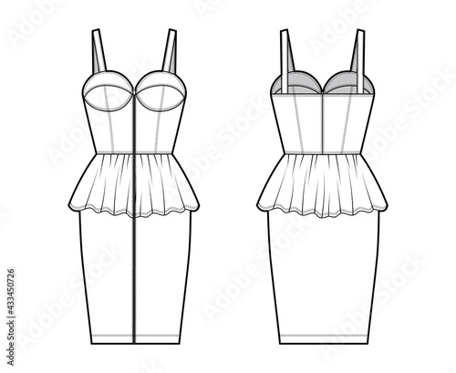 Zip-up peplum bustier dress technical fashion illustration with sleeveless, cups, fitted body, knee length skirt. Flat apparel garment front, back, white color style. Women, men unisex CAD mockup