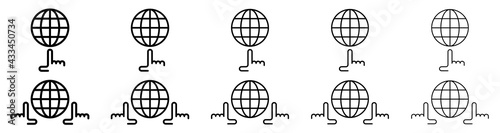 Globe icons set. Web globe flat linear icon. Silhouette of the globe with meridians and hand. Vector elements.
