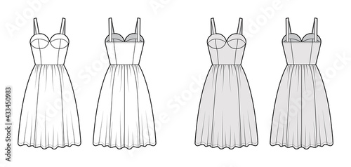 Flared dress technical fashion illustration with bustier, sleeveless, fitted body, knee length ruffle skirt. Flat apparel front, back, white grey color style. Women, men unisex CAD mockup