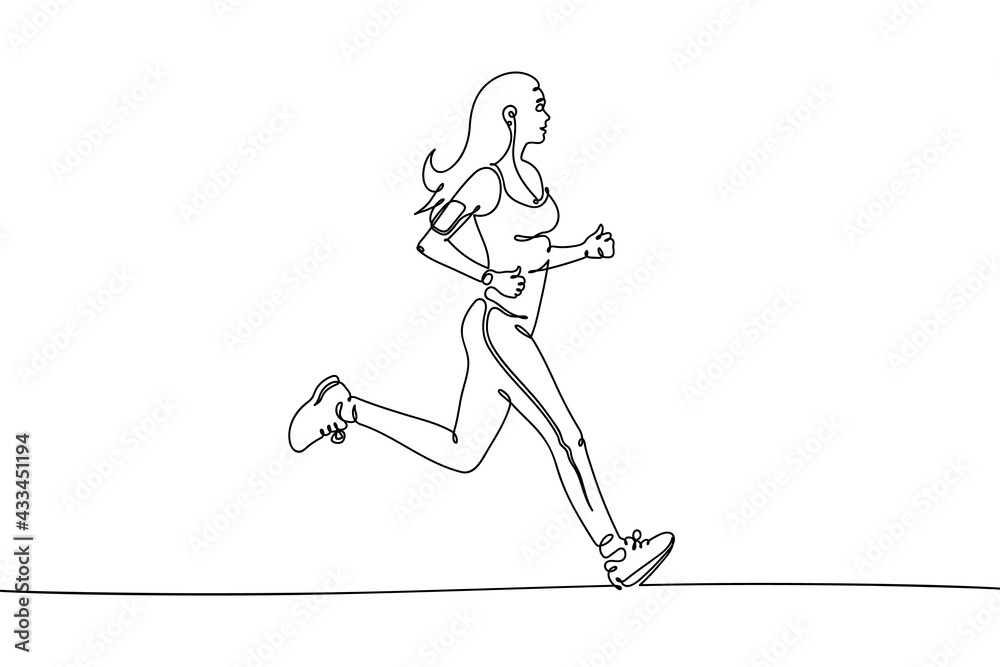 Jogging woman. Continuous single line. Running girl linear silhouette