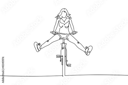 Girl on bike. Continuous line. Linear cyclist on bicycle, legs apart