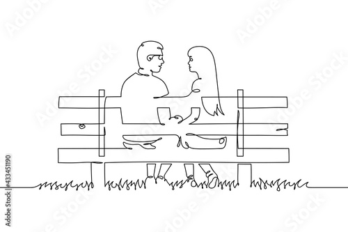 Lovers on bench in park. Continuous line. Loving couple linear outline