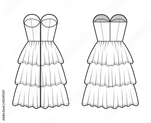 Zip-up bustier dress technical fashion illustration with strapless, fitted body, 3 row knee length ruffle tiered skirt. Flat apparel front, back, white color style. Women, men unisex CAD mockup