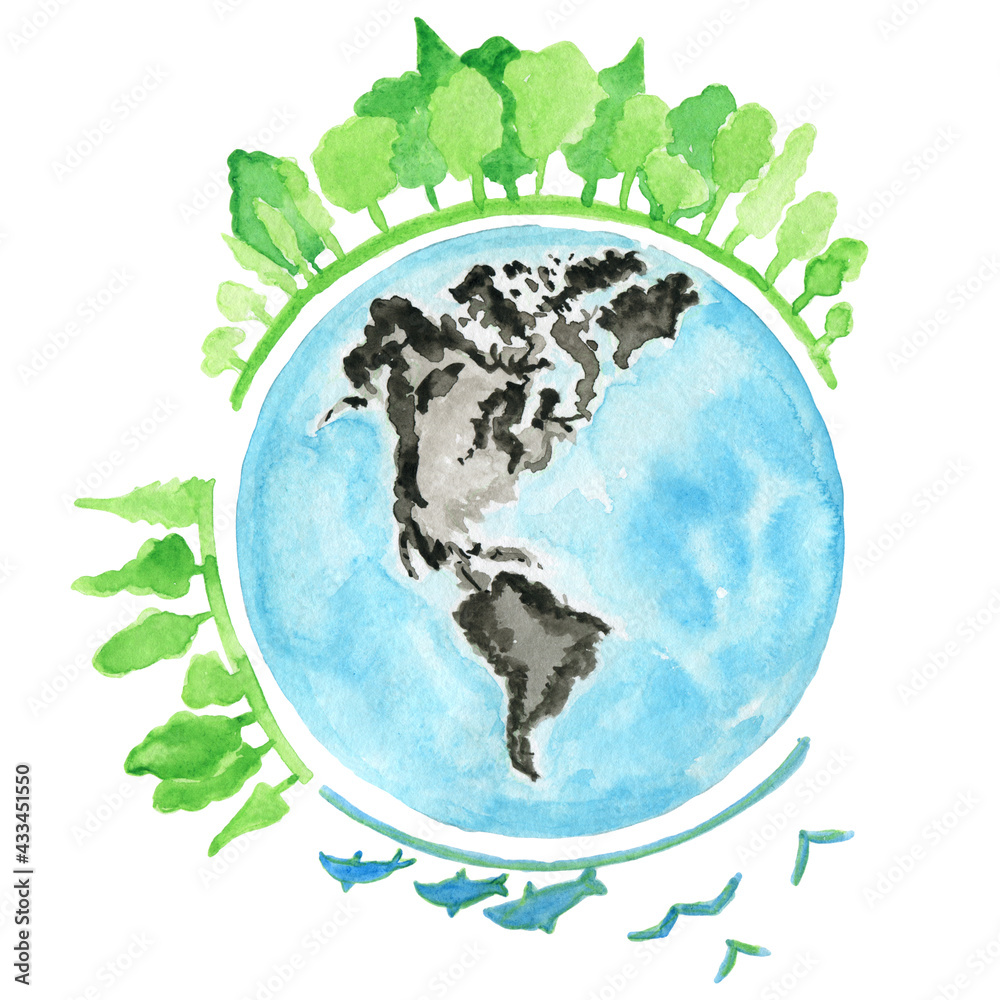 watercolor clipart.Forest, trees, planet.Earth day watercolor clip art. The planet is blue, green, animals on the planet. Silhouettes of a tropical animal, fish.
