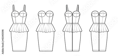 Set of dresses Zip-up bustier peplum denim technical fashion illustration with sleeveless, strapless, fitted body, knee length skirt. Flat apparel front, white color style. Women men unisex CAD mockup