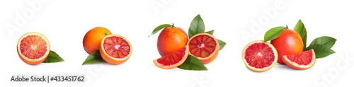 Set with ripe red oranges on white background. Banner design