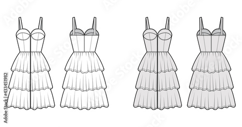 Zip-up bustier dress technical fashion illustration with sleeveless, fitted body, 3 row knee length ruffle tiered skirt. Flat apparel front, back, white grey color style. Women, men unisex CAD mockup