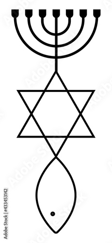 Jewish traditional religious symbols. Menorah, star of David and fish black line isolated vector illustration.