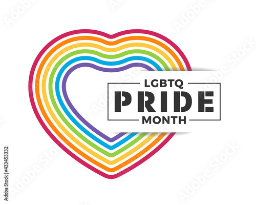 LGBTQ pride month text on colorful line rainbow heart sign vector design
