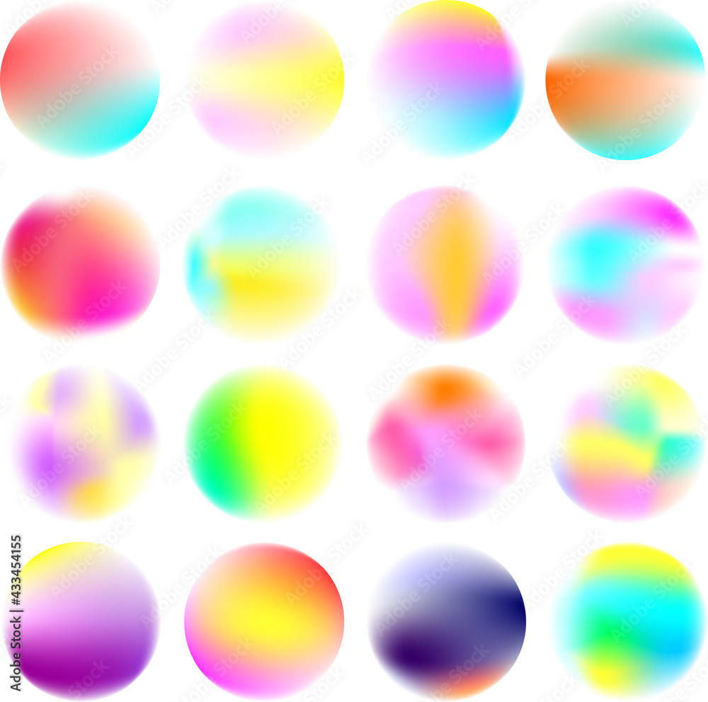 Gradient Spheres. Set of colorful fluid watercolor circles. Raibow, yellow, orange, pink, blue shadows. 16 versions. Isolated vector set. Design elements.