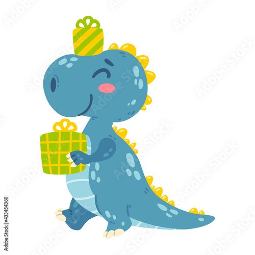 Cute little dinosaur carries gifts. Dragon goes to the happy birthday party with presents. Character for the design of posters  postcards  clothing. Picture for kid. Isolated vector illustration.