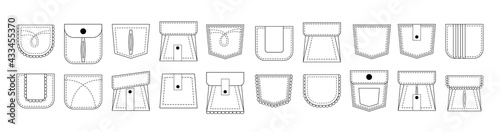 Set of isolated outline patch pockets. Technical design fashion template for casual garment.