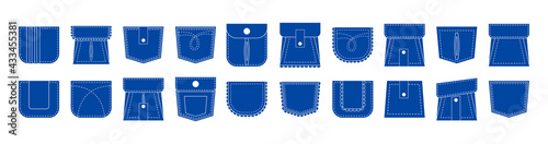 Set of blue flat patch pocket icon. White stitch symbol for tsirt, jeans, pants. Pleated sign with frill or ruffles. photo