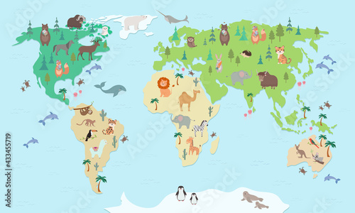 Animals world map for kids. Educational poster or game, for children design.