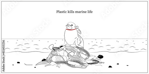An injured fur seal on a pile of plastic debris.