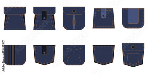 Basic denim patch pocket design in blue and brown. Round circle button on unisex garment. Isolated icon and symbol for bag or clothes.