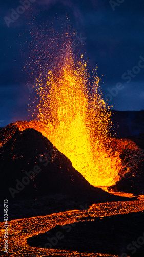 Volcanic eruption in Mt Fagradalsfjall, Southwest Iceland. The eruption began in March 2021, only about 30 km away from the capital of Reykjavik.