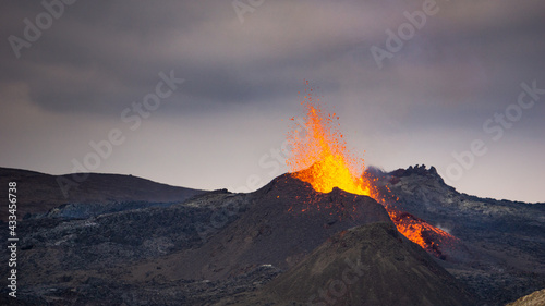 Volcanic eruption in Mt Fagradalsfjall, Southwest Iceland. The eruption began in March 2021, only about 30 km away from the capital of Reykjavik.