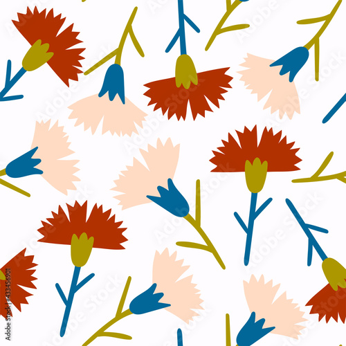 Stylish minimalistic vector pattern with colorful carnation flowers. Abstract bedding or wallpaper pattern design