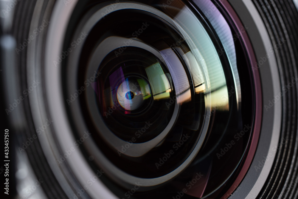 Close-up camera lens with color reflections Close-up camera lens with color reflections