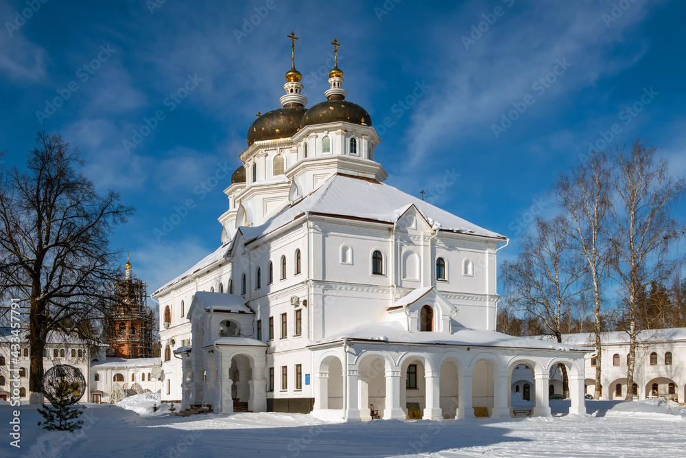 Church of Xenia of St. Petersburg in the Nikolo-Solbinsky Monastery, Pereslavsky district, Yaroslavl region on a sunny winter day.