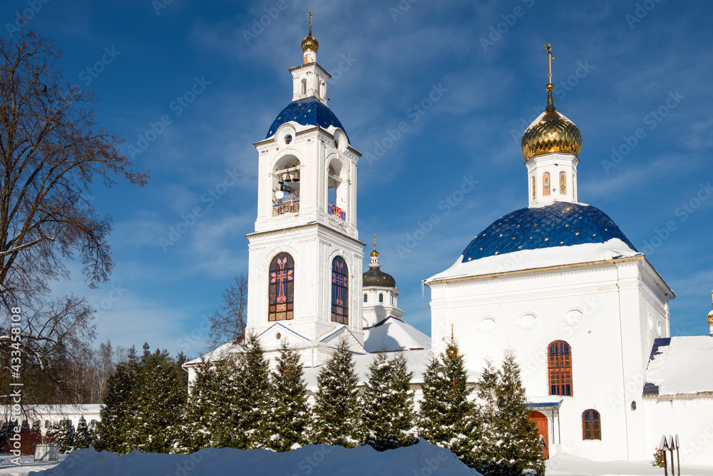 Church of the Assumption of the Blessed Virgin Mary in Nikolo-Solbinsky women's monastery, Pereslavsky district, Yaroslavl region on a sunny winter day.