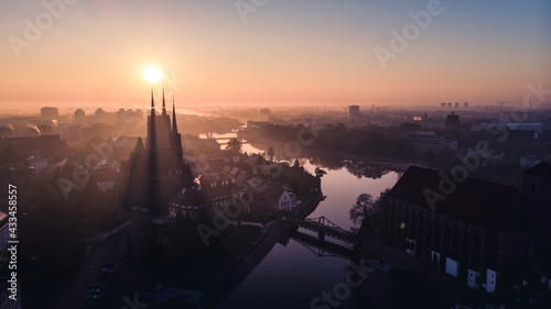 Drone aerial view of Wroclaw, Poland. Tumski spears with cathedral.