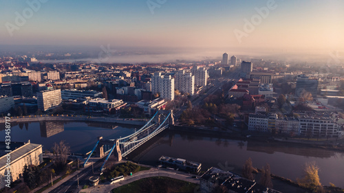 Drone aerial view of Wroclaw  Poland. Grunwaldzki bridge  Manhattan  polytechnic  university