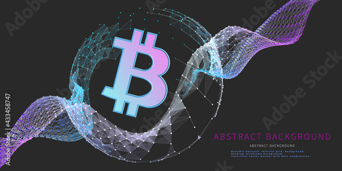 Abstract  background with symbol bitcoin and  poligonale wire grid. Concept for business, mining and finance. Abstract banner blockchain technology for cryptocurrency.