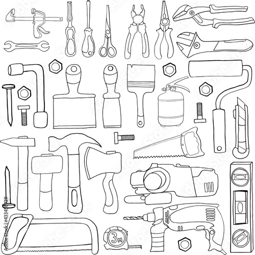 Drawing tools set, tool set, various saws, pliers and tongs, hammer and scissors, hand drawn vector elements.